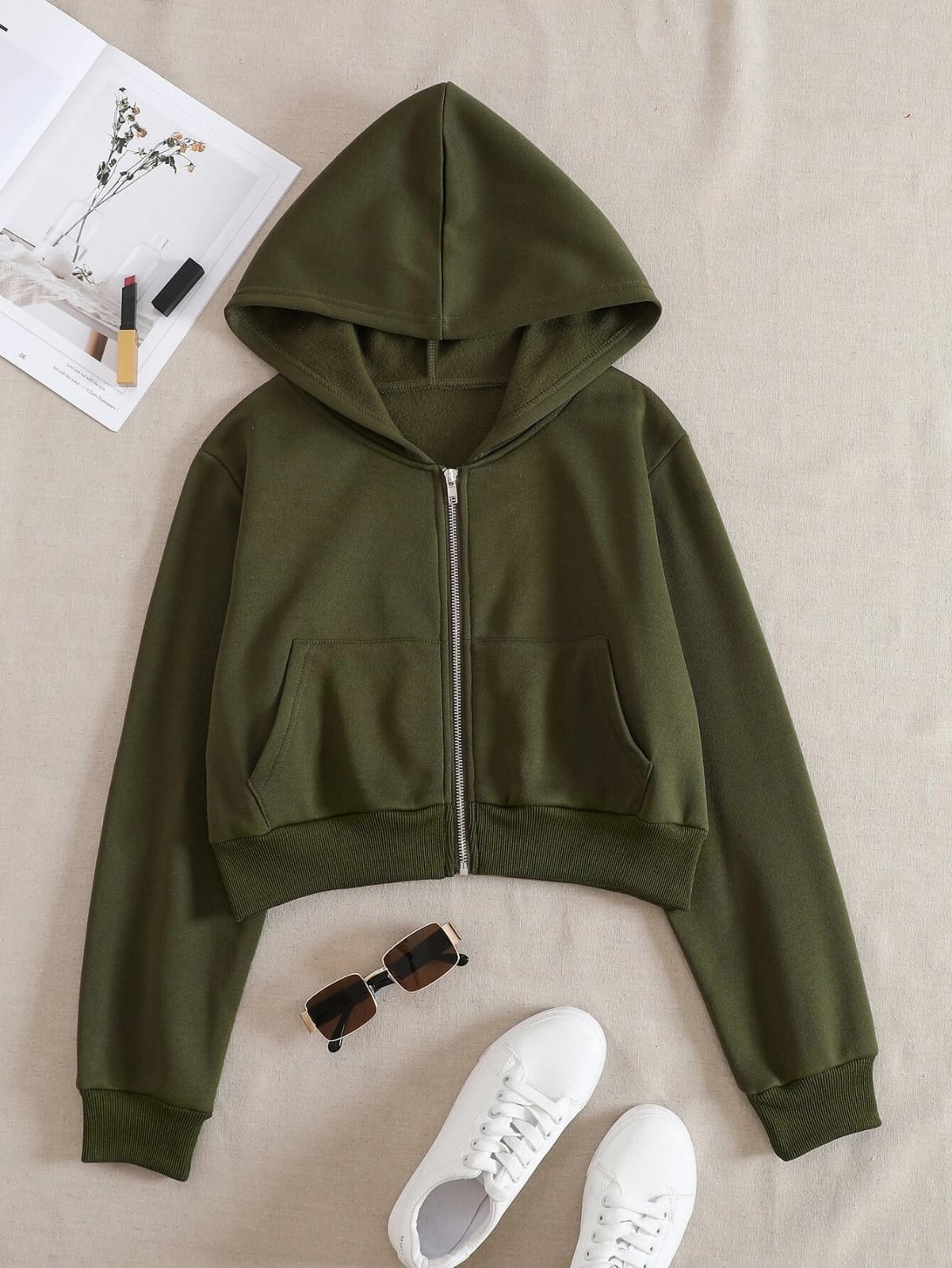 Olive green Crop Zipper