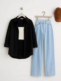 Black Button Down Shirt with Inner & Ice-Blue Wide Legs Jeans