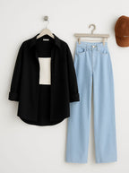 Black Button Down Shirt with Inner & Ice-Blue Wide Legs Jeans