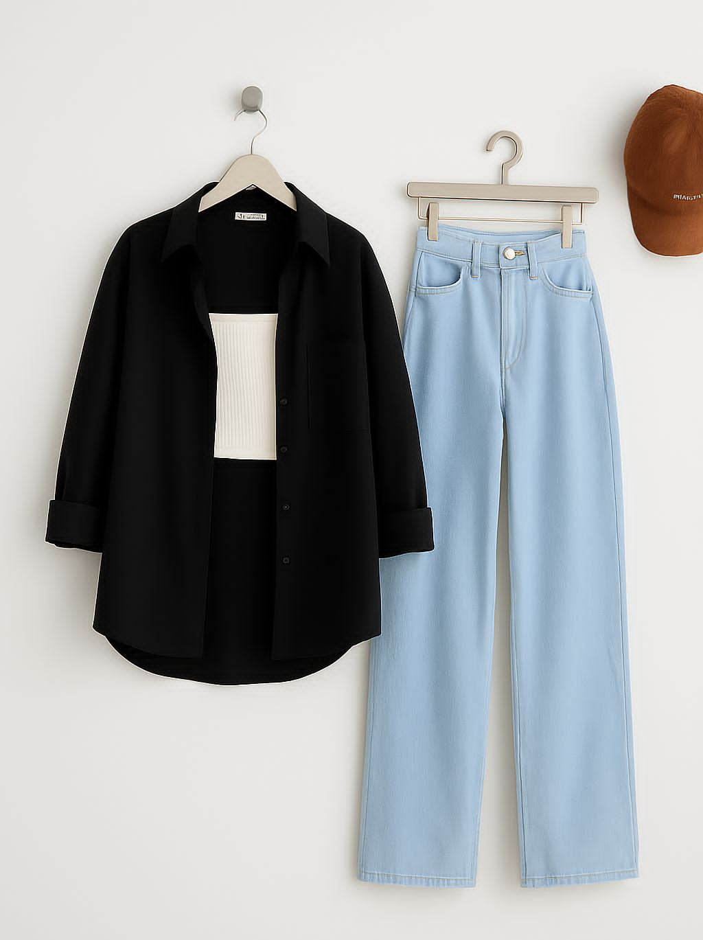 Black Button Down Shirt with Inner & Ice-Blue Wide Legs Jeans