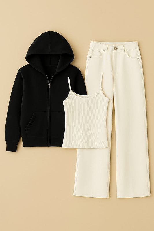 Zipper Hoodie With Inner & white Wide Leg Jeans
