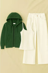 Zipper Hoodie With Inner & White Wide Leg Jeans