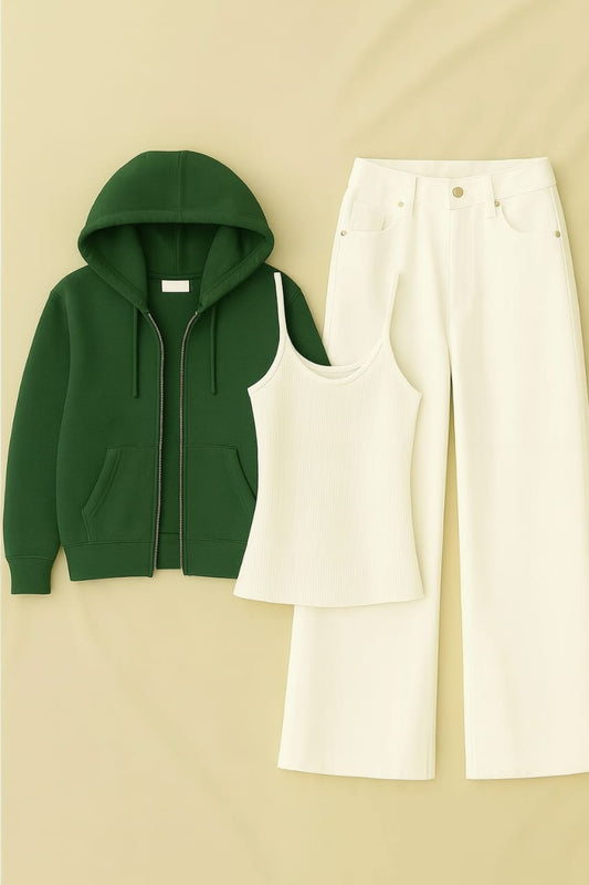 Zipper Hoodie With Inner & White Wide Leg Jeans