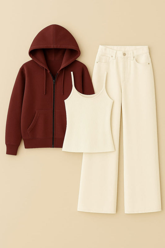 Zipper Hoodie With Inner & white Wide Leg Jeans