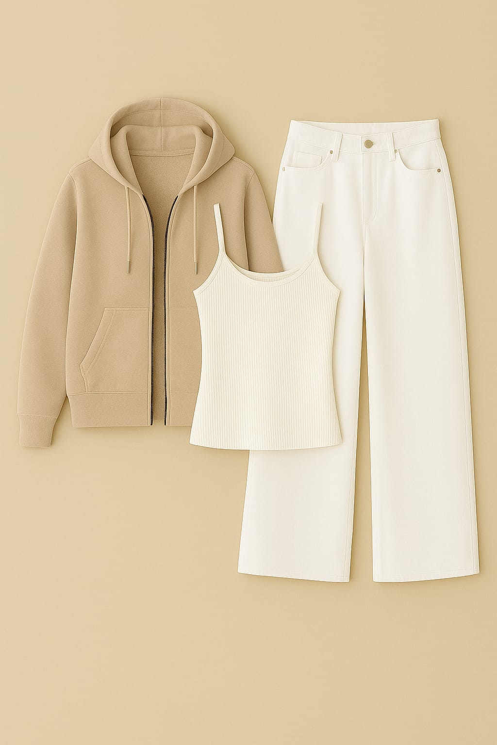 Zipper Hoodie With Inner & White Wide Leg Jeans