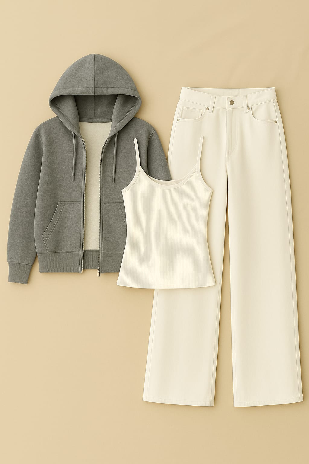 Zipper Hoodie With Inner & white Wide Leg Jeans