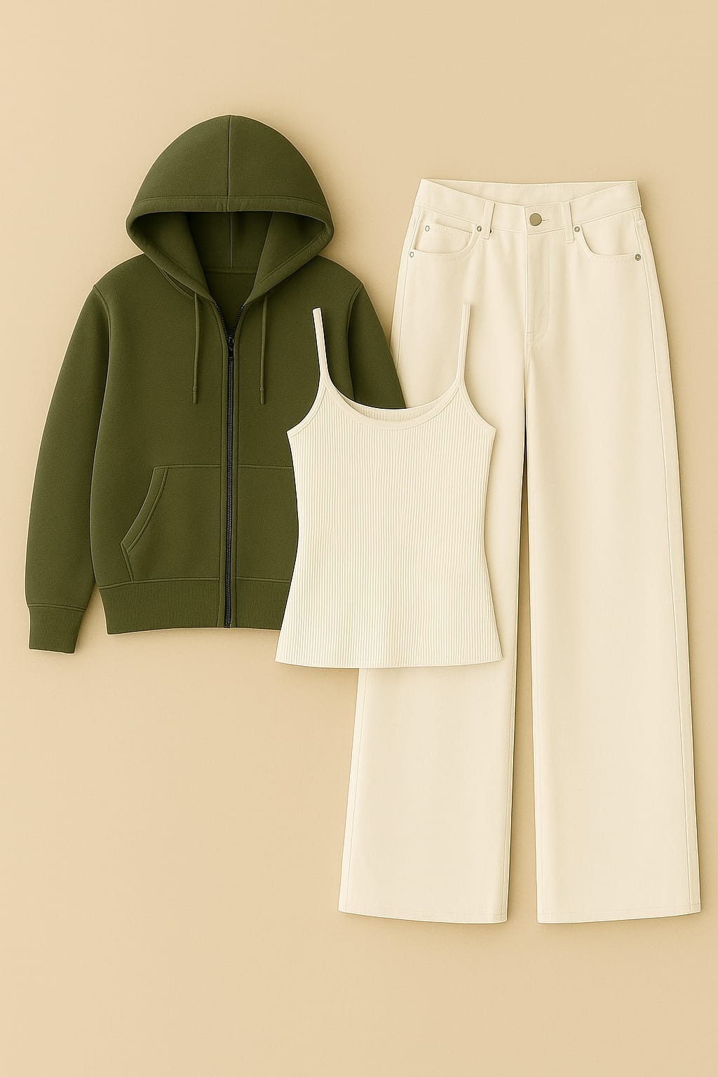 Zipper Hoodie With Inner & White Wide Leg Jeans