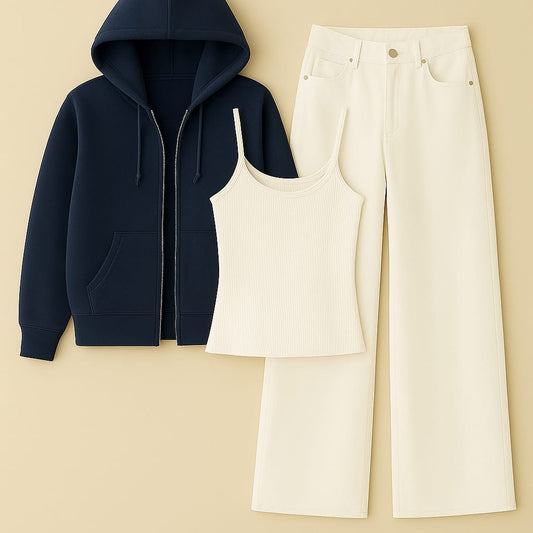 Zipper Hoodie With Inner & white Wide Leg Jeans