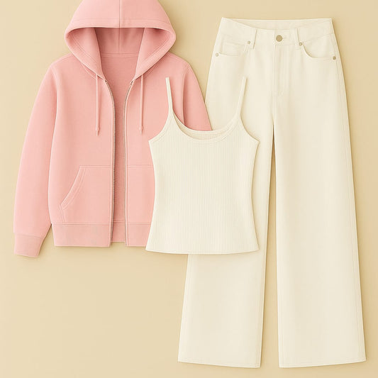 Zipper Hoodie With Inner & White Wide Leg Jeans