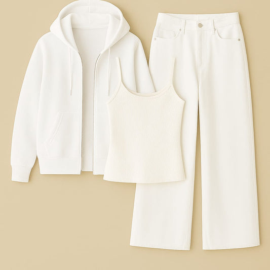 Zipper Hoodie With Inner & White Wide Leg Jeans
