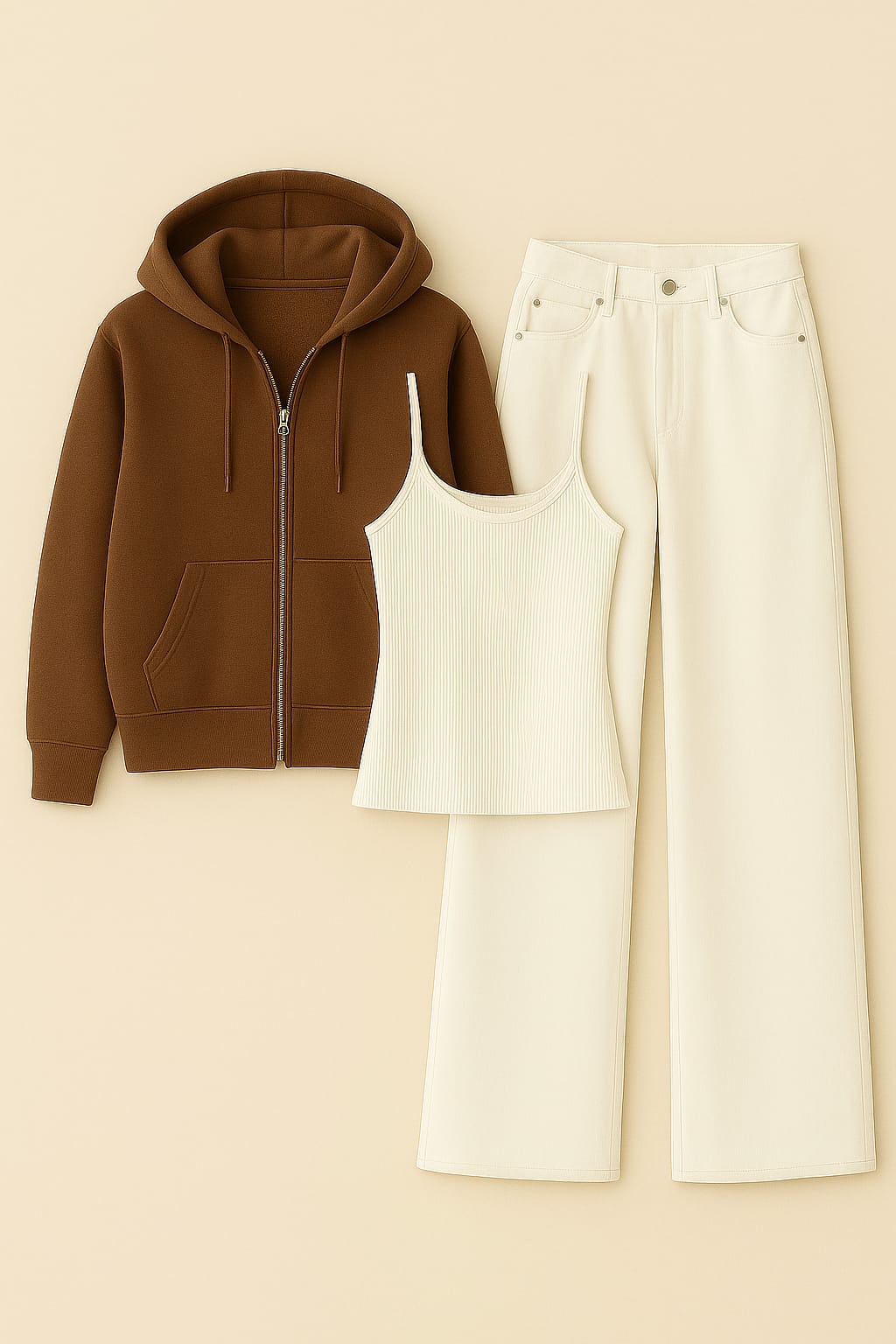 Zipper Hoodie With Inner & white Wide Leg Jeans