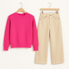 Shocking Pink Sweatshirt With Beige Wide Leg Jeans