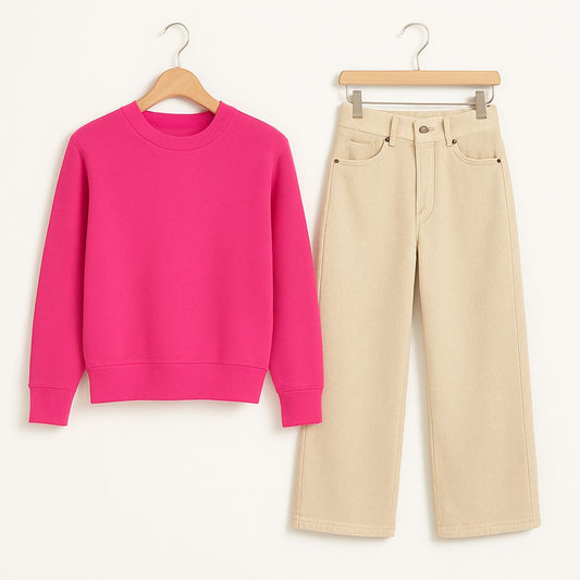 Shocking Pink Sweatshirt With Beige Wide Leg Jeans