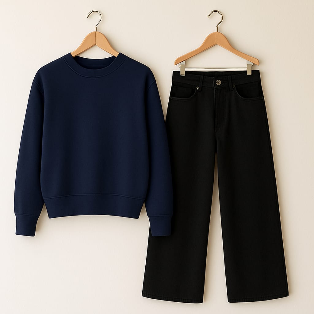Navy Blue Sweatshirt With Black Wide Leg Jeans
