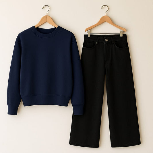 Navy Blue Sweatshirt With Black Wide Leg Jeans