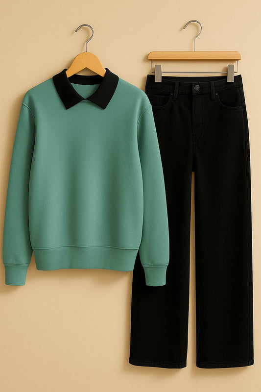 Collared Sweatshirt With Black Wide Leg Jeans