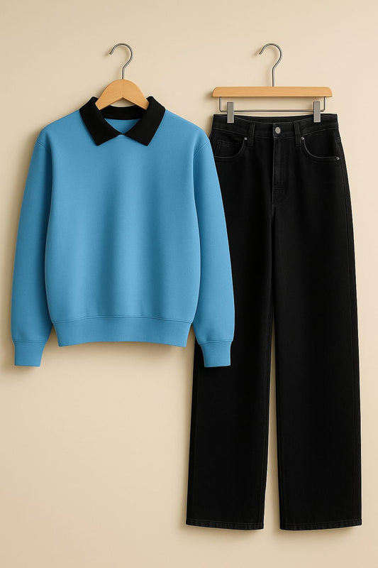 Collared Sweatshirt With Black Wide Leg Jeans