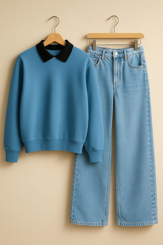 Collared Sweatshirt With IceBlue Wide Leg Jeans
