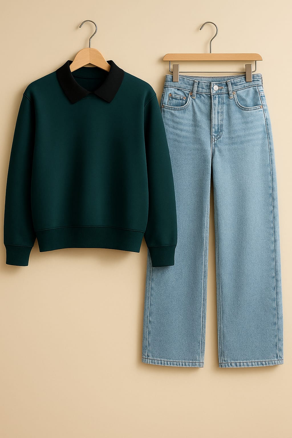 Collared Sweatshirt With IceBlue Wide Leg Jeans