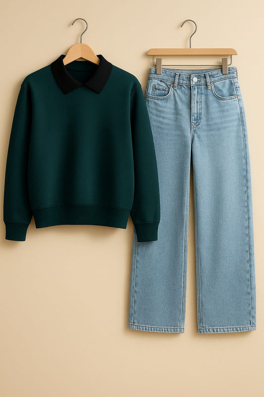 Collared Sweatshirt With IceBlue Wide Leg Jeans