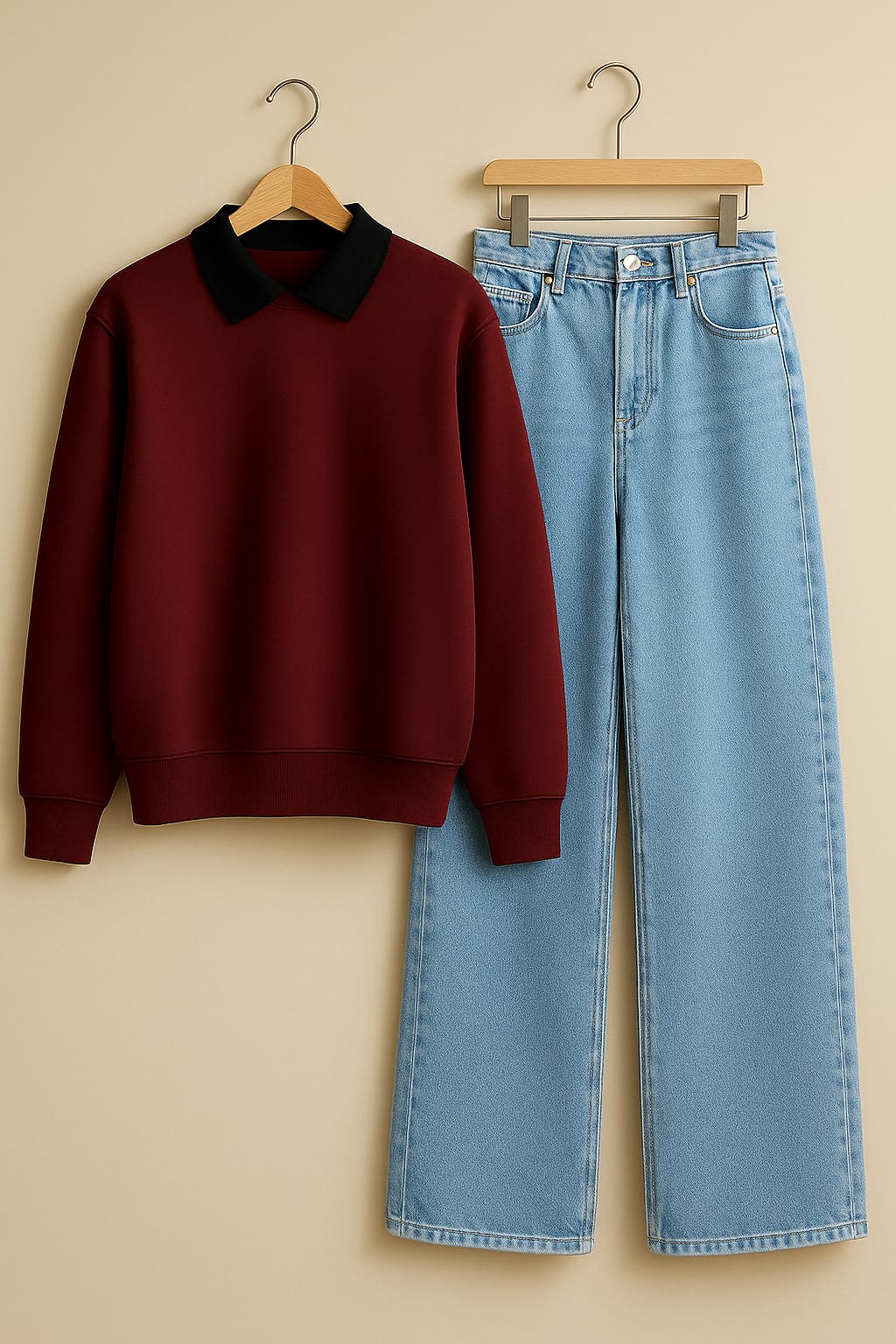 Collared Sweatshirt With IceBlue Wide Leg Jeans
