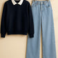 Collared Sweatshirt With IceBlue Wide Leg Jeans