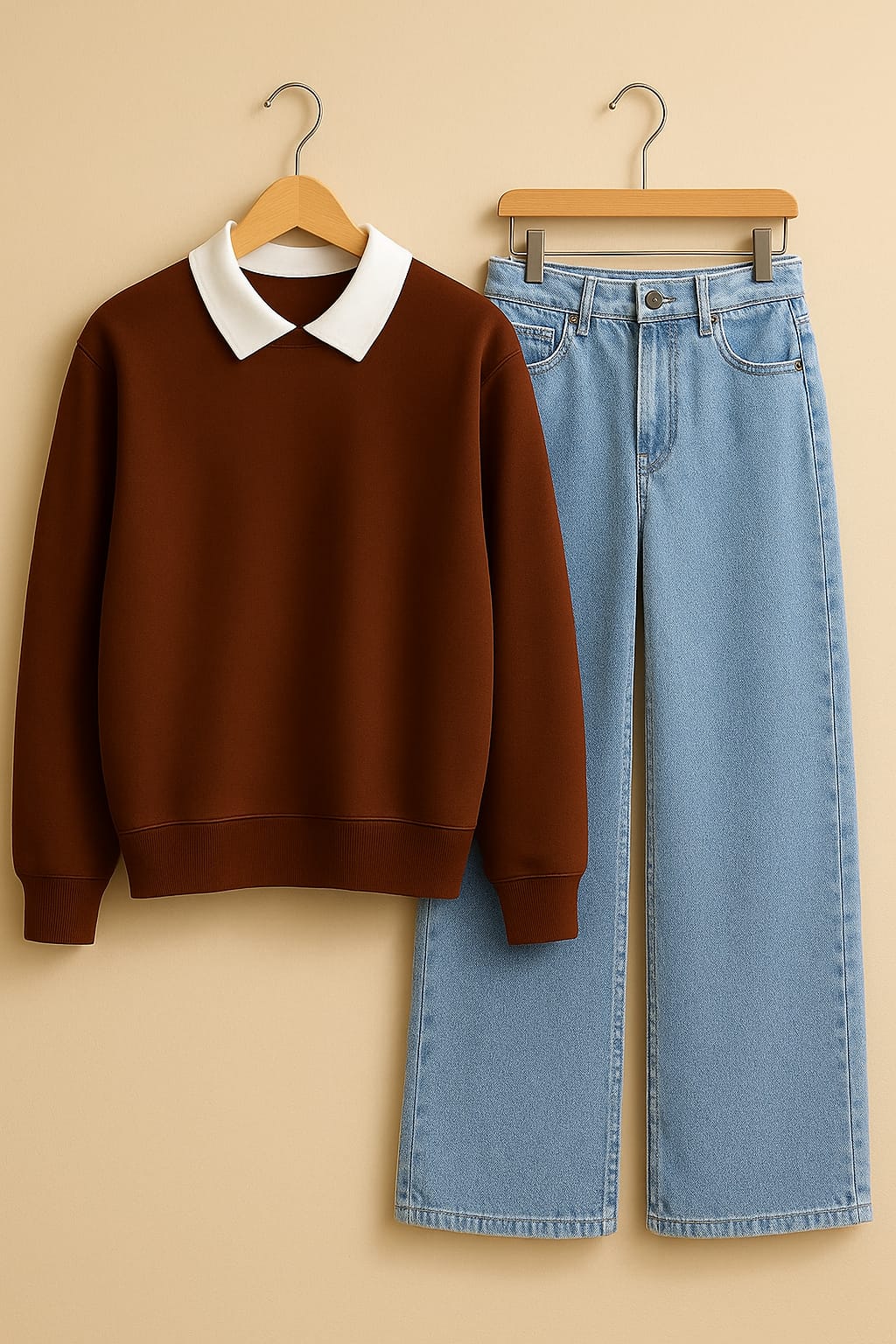 Collared Sweatshirt With IceBlue Wide Leg Jeans