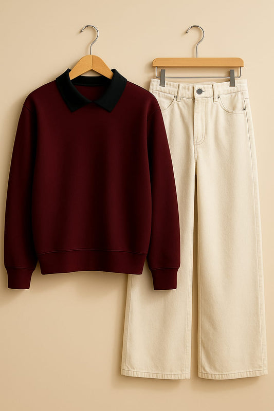 Collared Sweatshirt With Beige Wide Leg Jeans