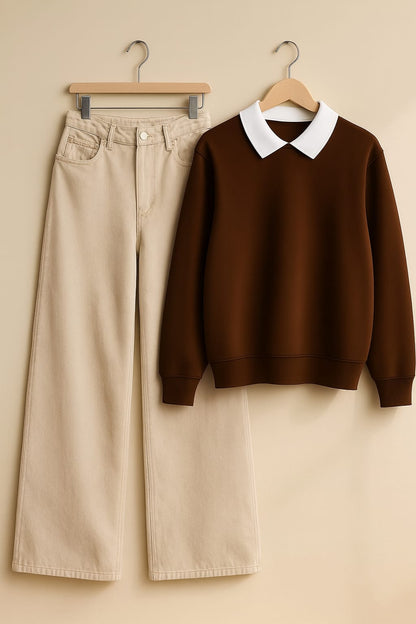 Collared Sweatshirt With Beige Wide Leg Jeans