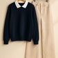 Collared Sweatshirt With Beige Wide Leg Jeans