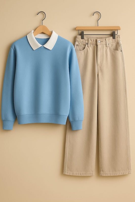 Collared Sweatshirt With Beige Wide Leg Jeans