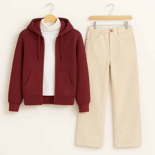 Maroon Zipper Hoodie With Highneck & Beige Wide Leg Jeans