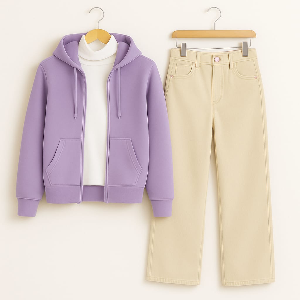 Zipper Hoodie With Highneck & Beige Wide Leg Jeans