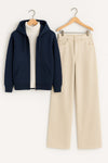 Zipper Hoodie With Highneck & Beige Wide Leg Jeans