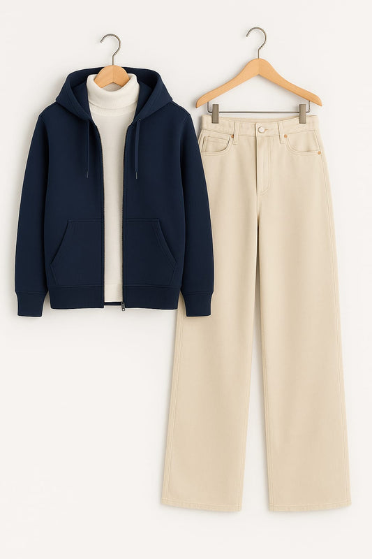 Zipper Hoodie With Highneck & Beige Wide Leg Jeans