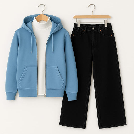 Blue Zipperr Hoodie With Highneck & Black Wide Leg Jeans