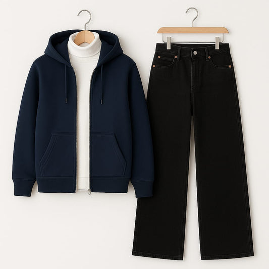 Zipper Hoodie With Highneck & Black Wide Leg Jeans