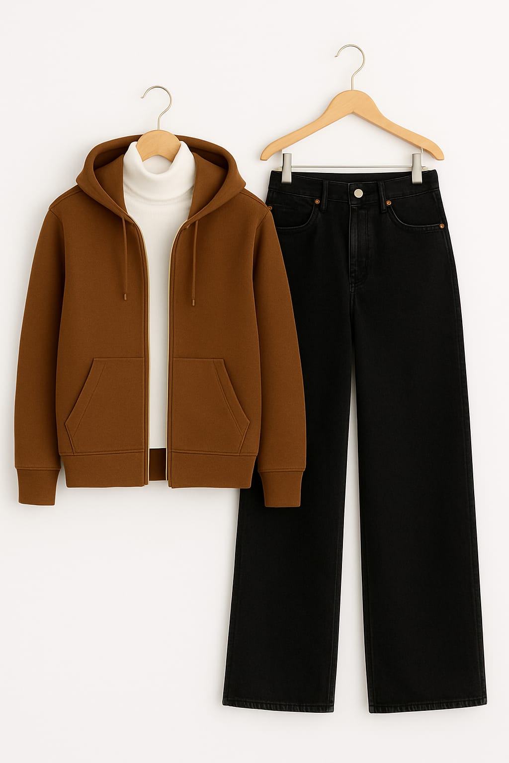 Zipper Hoodie With Highneck & Black Wide Leg Jeans