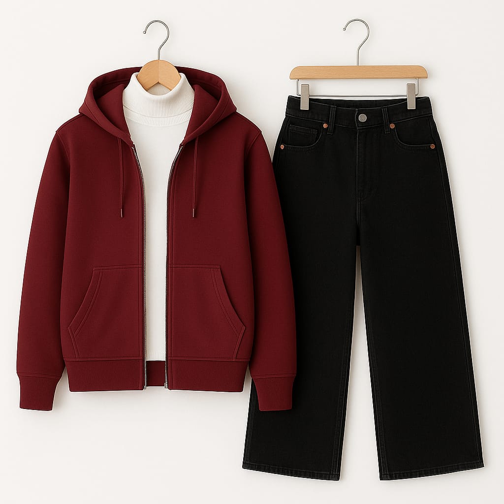 Zipper Hoodie With Highneck & Black Wide Leg Jeans