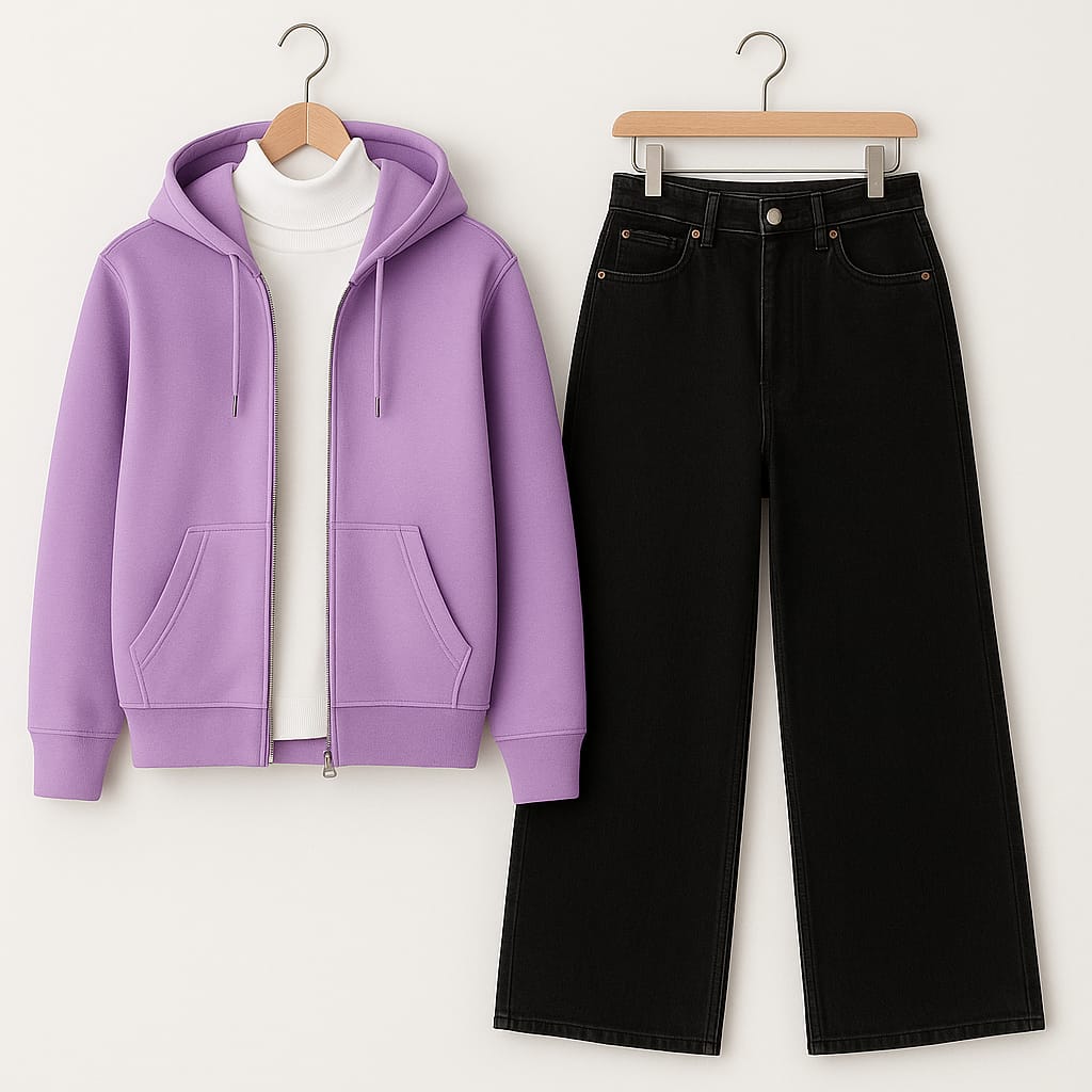 Zipper Hoodie With Highneck & Black Wide Leg Jeans