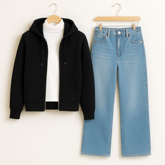 Zipper Hoodie With Highneck & IceBlue Wide Leg Jeans