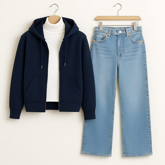 Zipper Hoodie With Highneck & IceBlue Wide Leg Jeans
