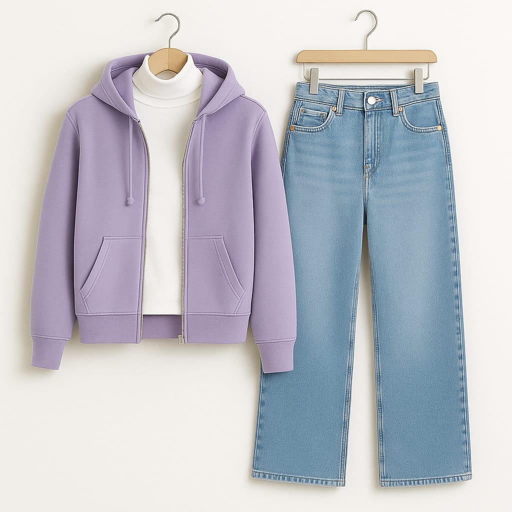 Zipper Hoodie With Highneck & IceBlue Wide Leg Jeans