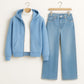 Zipper Hoodie With Highneck & IceBlue Wide Leg Jeans