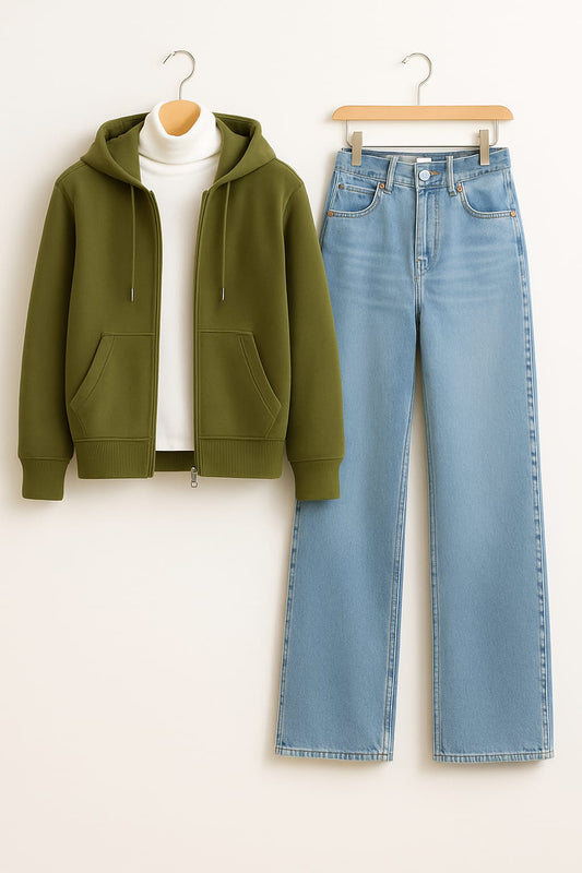 Zipper Hoodie With Highneck & IceBlue Wide Leg Jeans