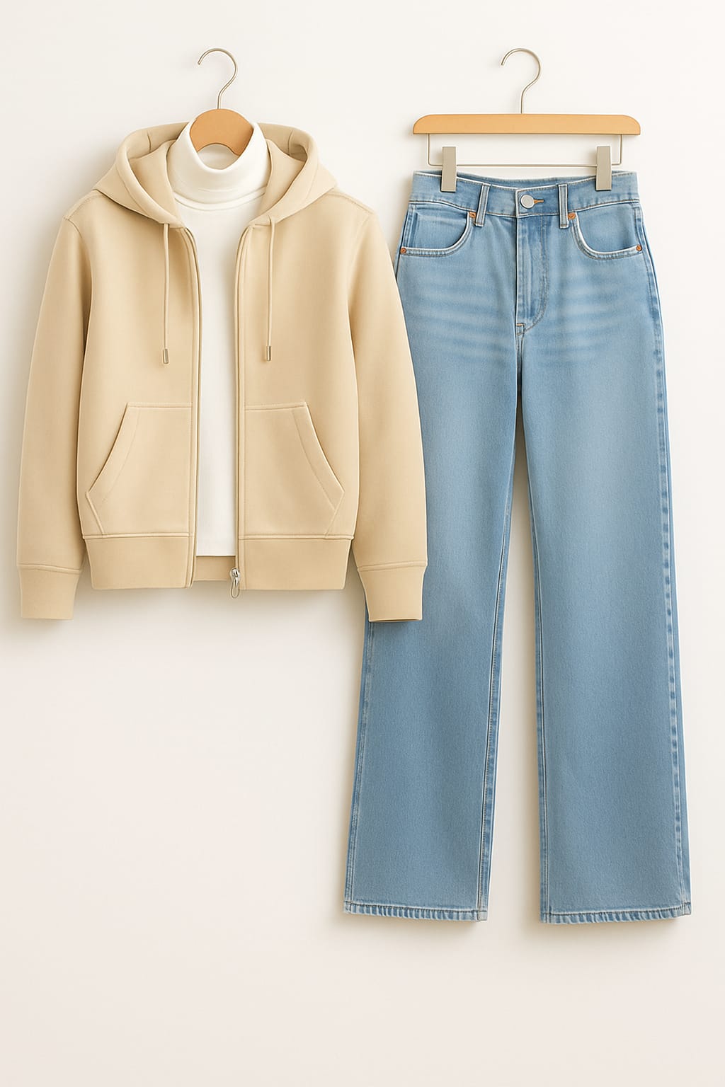 Zipper Hoodie With Highneck & IceBlue Wide Leg Jeans