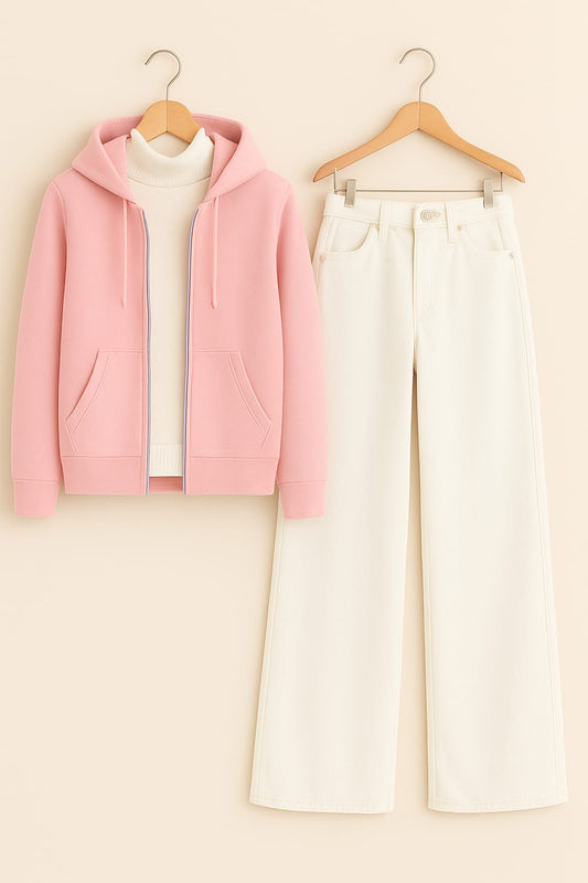 Zipper Hoodie With Highneck & White Wide Leg Jeans