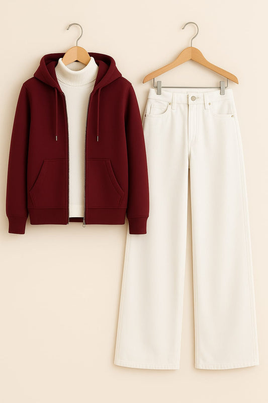 Zipper Hoodie With Highneck & White Wide Leg Jeans