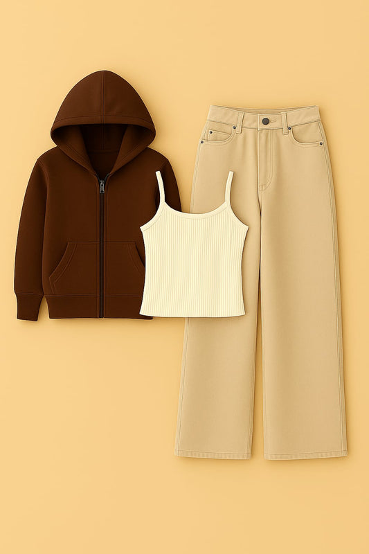 Zipper Hoodie With Inner & Beige Wide Leg Jeans