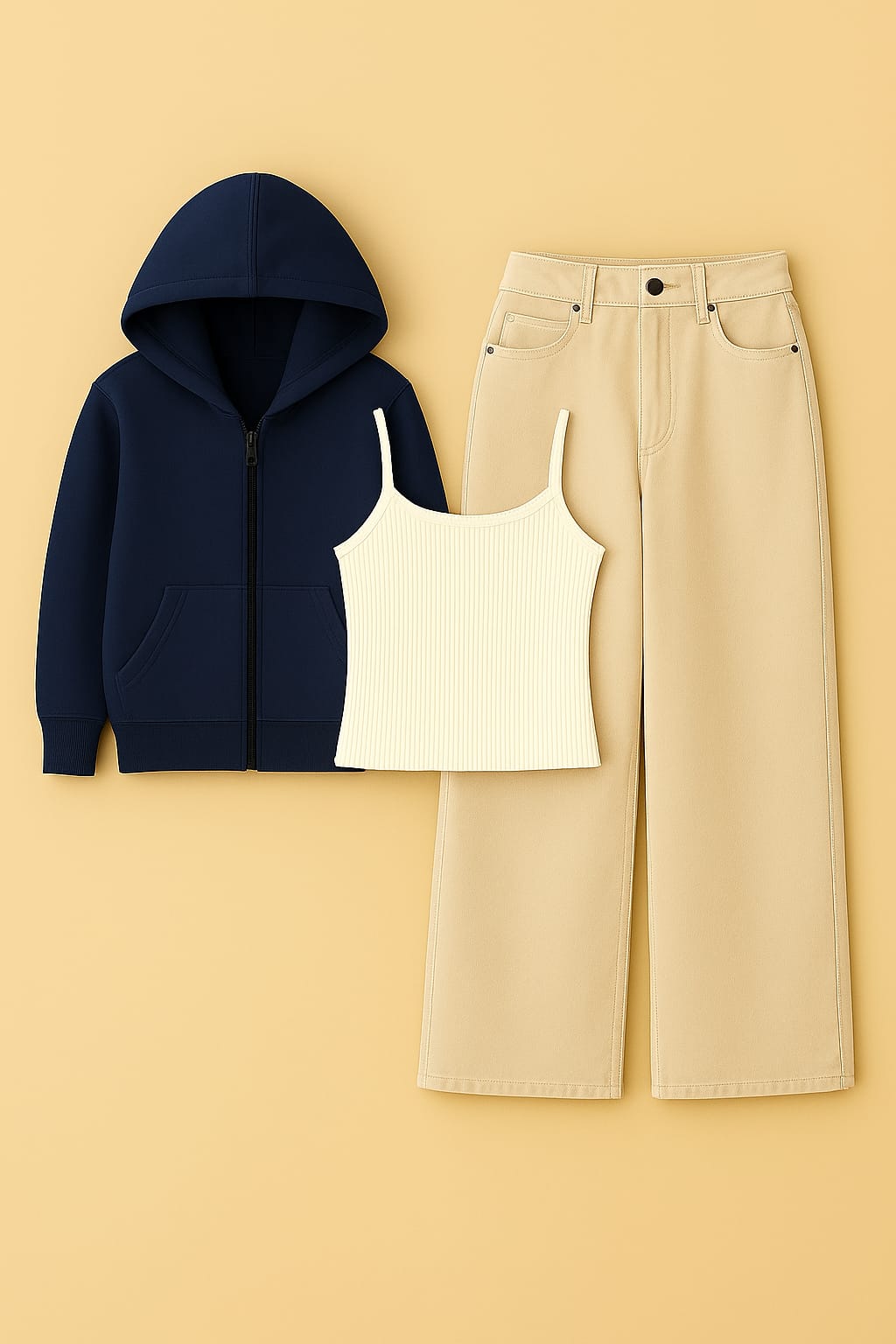 Zipper Hoodie With Inner & Beige Wide Leg Jeans